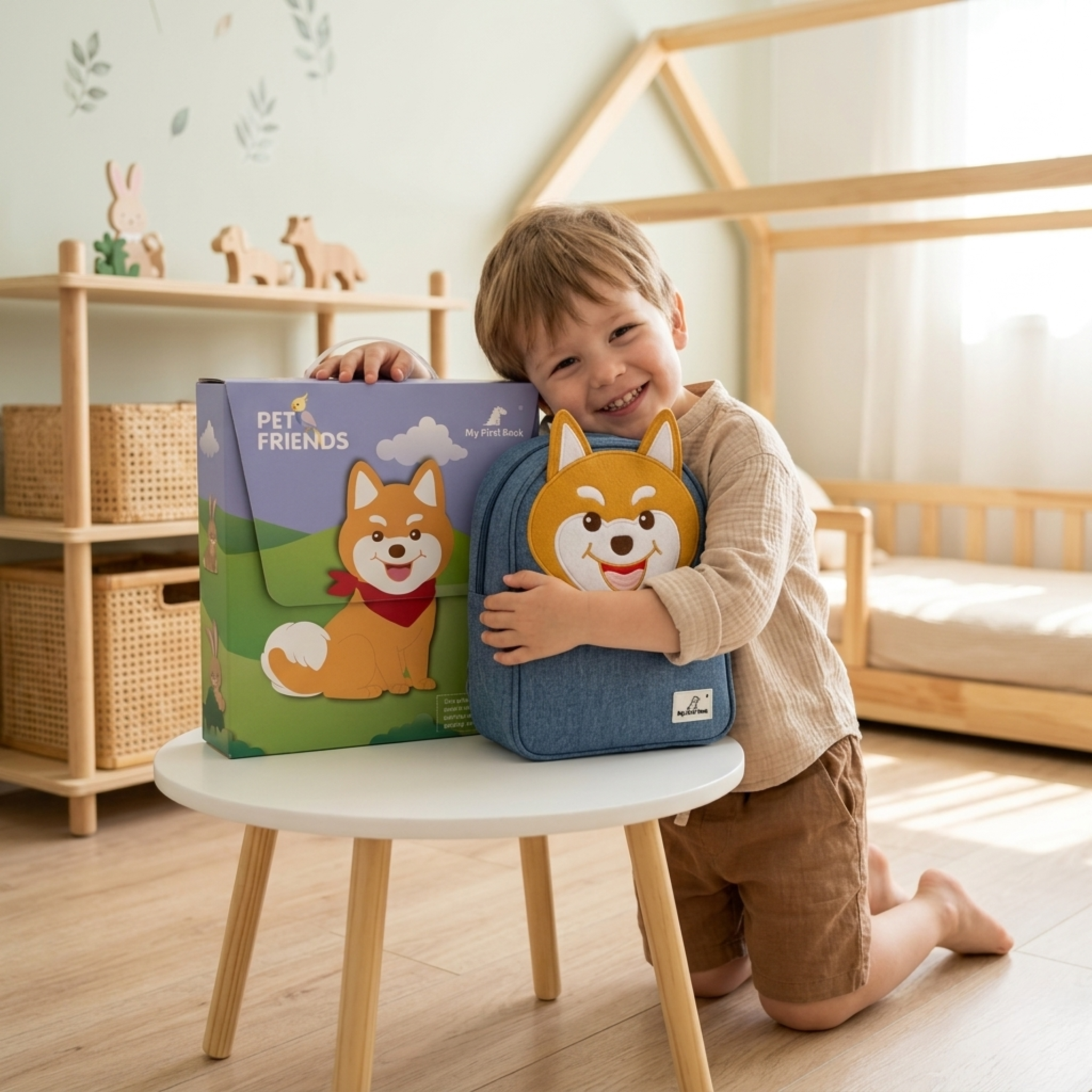 Ein lächelndes Kind kniet auf dem Boden eines Kinderzimmers und umarmt die My First Book Pet Friends Verpackung und den Rucksack, die auf einem Tisch sind. Im Hintergrund sieht man eine Kommode und ein Bett aus Holz.