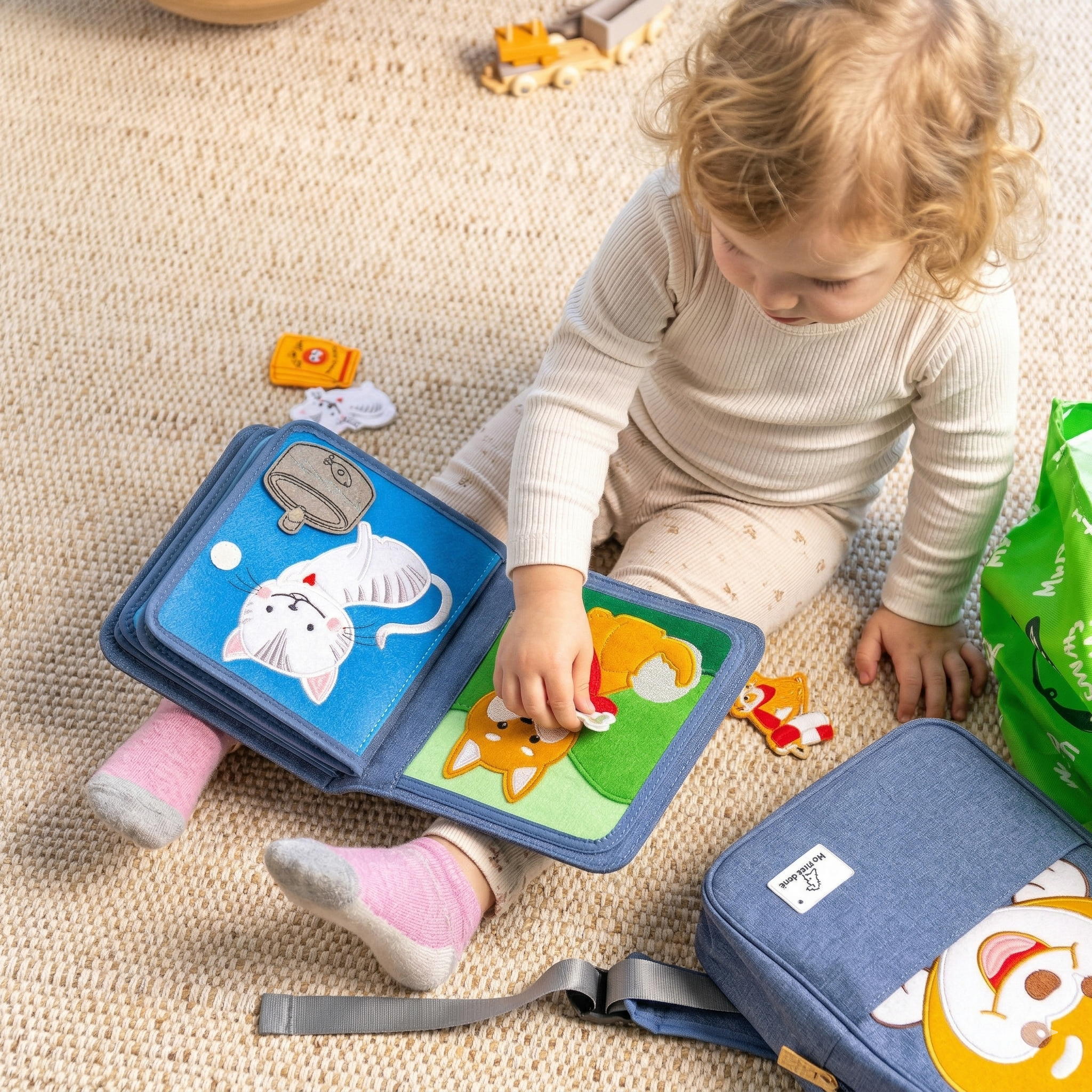 Spielszene mit dem interaktiven Montessori Quiet Books 'My First Book Pet Friends'. Ein Kleinkind sitz auf einem Teppich mit dem Buch auf dem Schoß und spielt mit dem Buch. Es ist konzentriert interagierend mit dem Buch. Neben dem Kind liegt der passende Rucksack mit einem Hundemotiv.