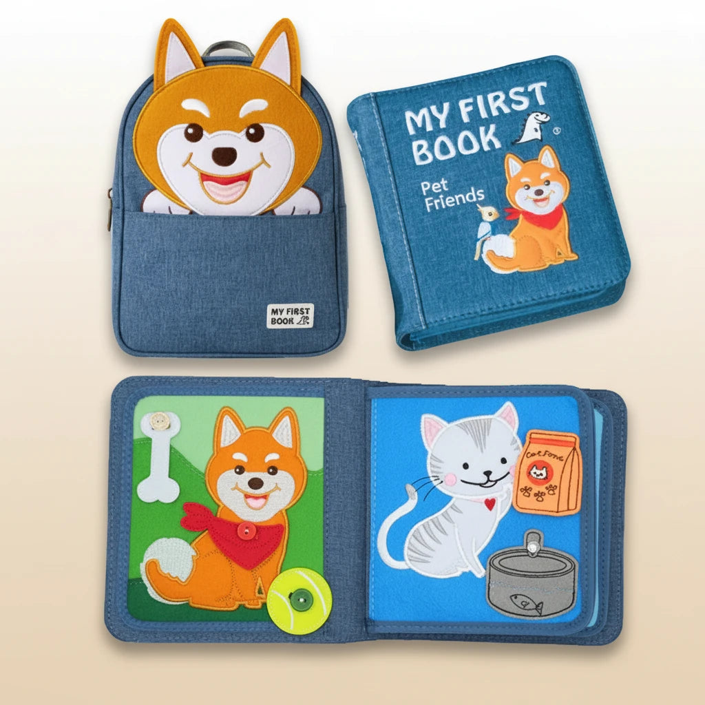 My First Book Pet Friends Montessori Quiet Book und Hunde Rucksack und zwei offene Seiten des Buchs