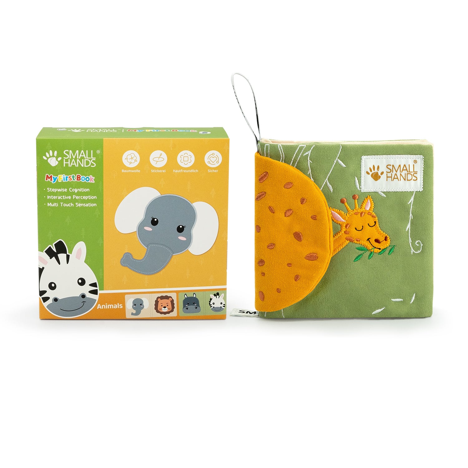 Montessori basiertes Spielbuch für Neugeborene mit Giraffe vorne und feinen detailliert genähten Motiven.