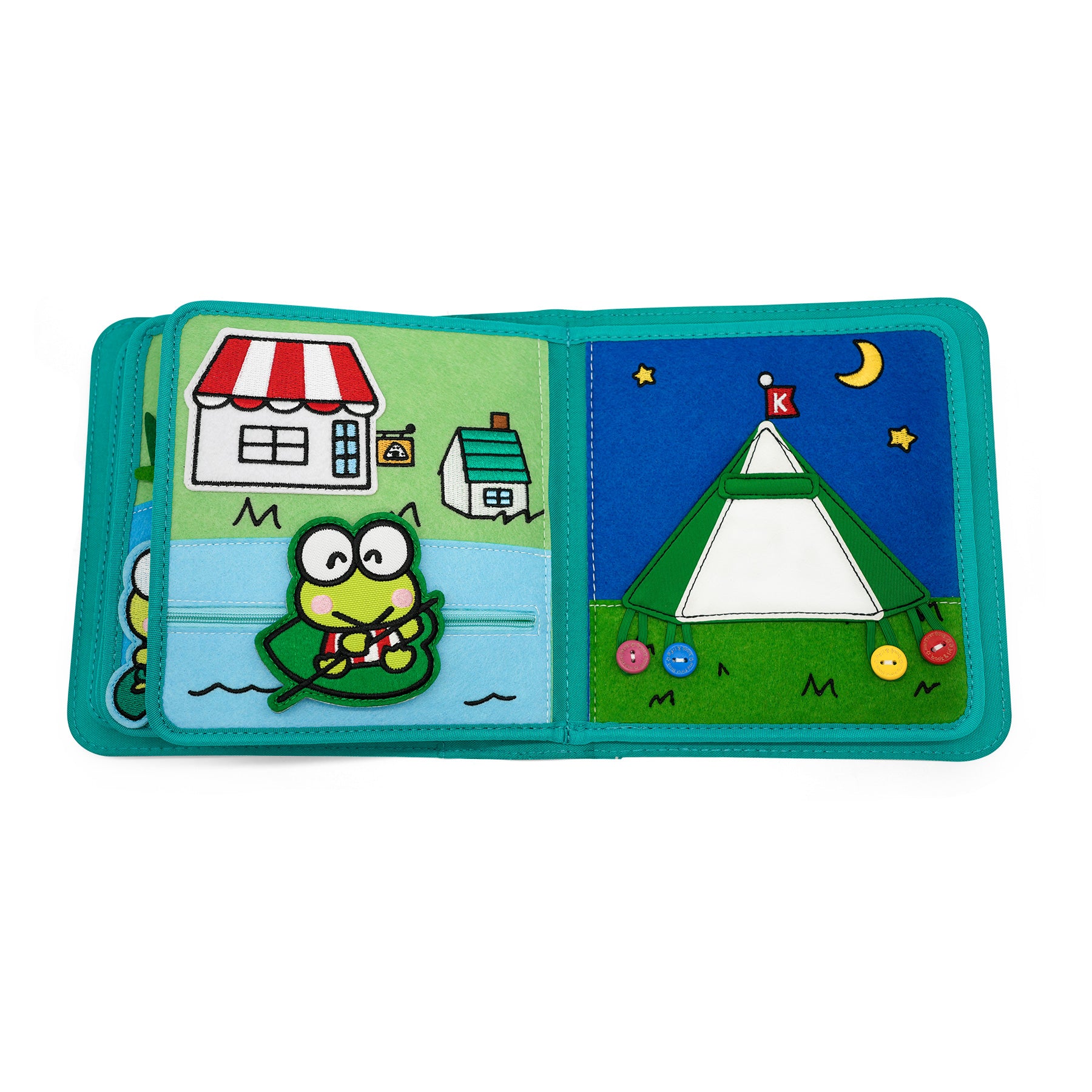 My First Book Keroppi Quiet Book – Seite: Dorf und Zelten unter dem Sternenhimmel