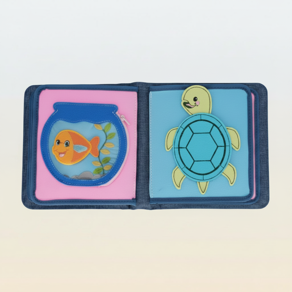 Montessori Quiet Book von My First Book. Zwei Seiten mit einem Fisch im Aquarium und Schildkröte mit Übungen für den Pinzettengriff und Reissverschluss bedienen für die Feinmotorik.