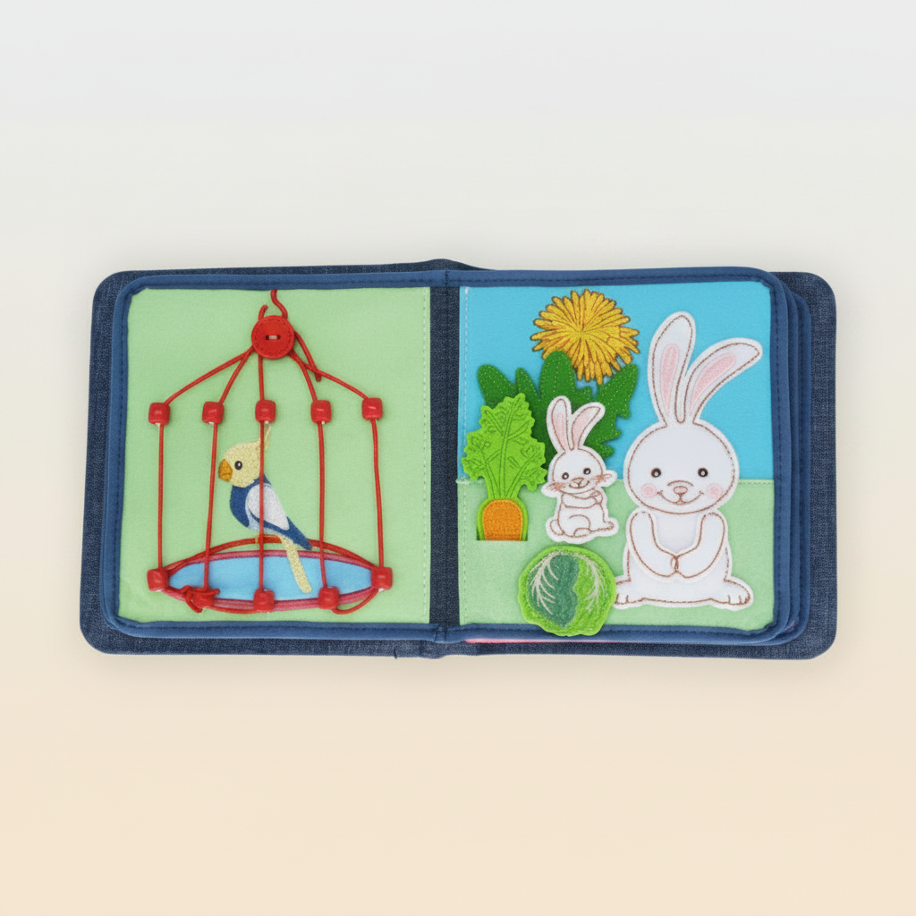 Produktfoto des interaktiven Montessori Quiet Books 'My First Book Pet Friends'. Die linke Seite zeigt ein Aktivitätsspiel mit einem Wellensittich in einem roten Käfig aus Kordeln und Perlen. Die rechte Seite zeigt eine Hasen-Applikation aus Filz mit einer abnehmbaren Karotte und einem Kohlkopf auf einer grünen Wiese.