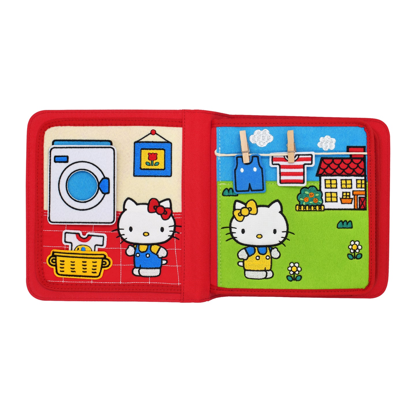 Hello Kitty vor einer Waschmaschine und an einer Wäscheleine  mit Kleinteilen als Übung für Kleinkinder