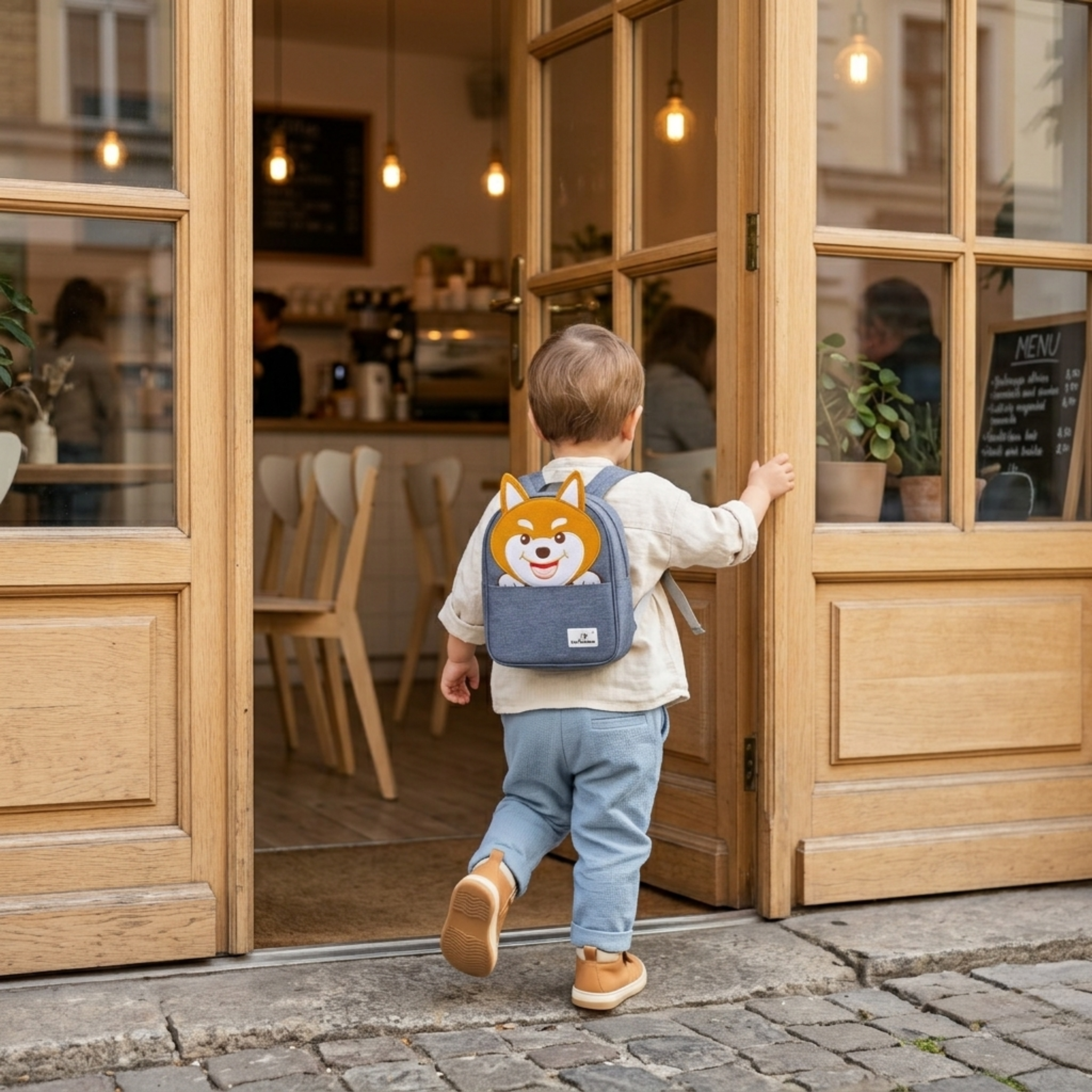 Ein Kind läuft in ein schönes Cafe. Zu sehen ist das Kind im Eingang des Cafes. Der Eingang ist aus Eichenholz mit großen Fenstern. Es trägt stylische Kleidung und den My First Book Pet Friends Rucksack. 